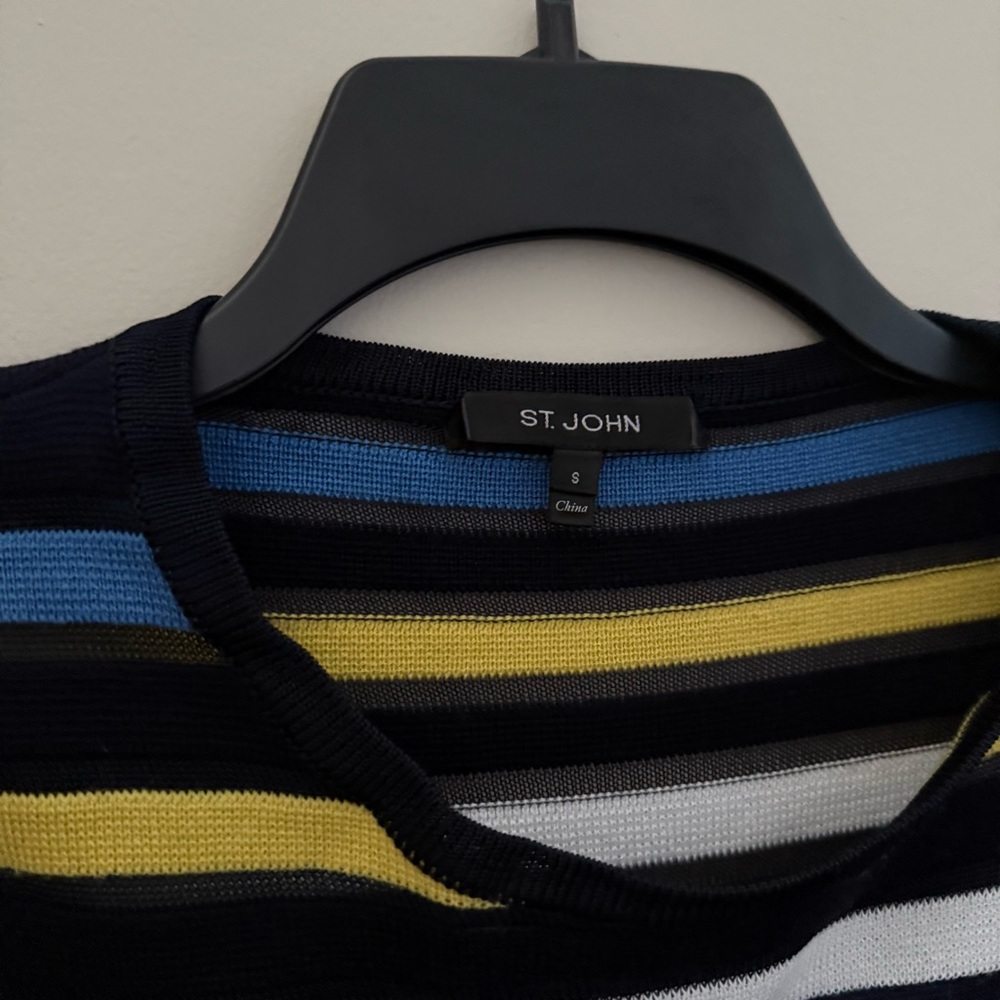 St John Wool Blend Striped Black Blue Yellow Crew Neck Sweater - Picture 4 of 10